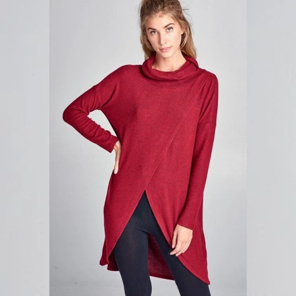 Hacci Brush Cowl Neck Long Blouse Top Burgundy - Picture 2 of 3